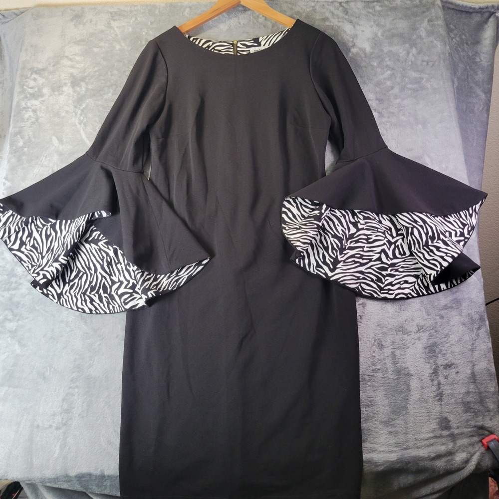 Shelby & Palmer Womens Black Zebra Print Bell Sleeve Sheath Dress‎ Size 10 Chic
